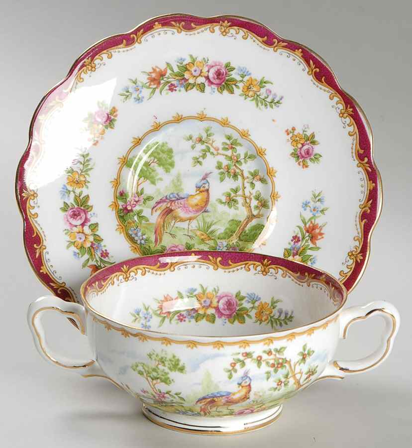 Chelsea Bird Maroon Footed Cream Soup Bowl & Saucer Set by Royal Albert-1
