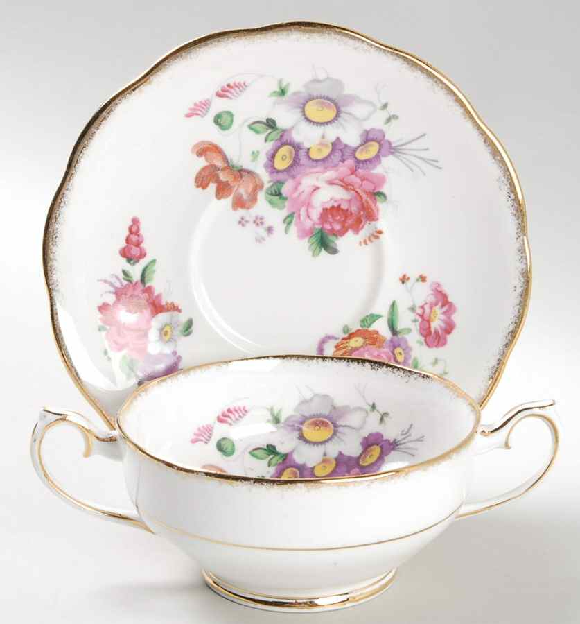 Lady Angela (Sprayed Gold Trim) Footed Cream Soup Bowl & Saucer Set by Royal Albert-1