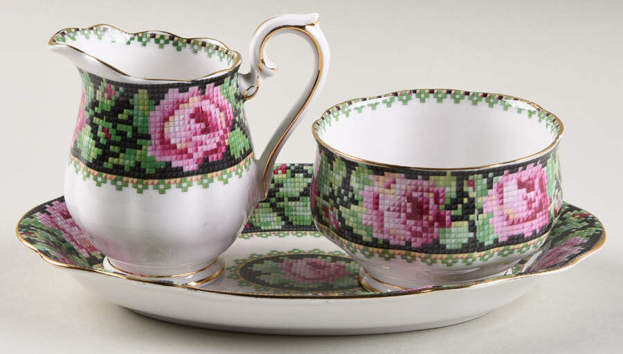 Needle Point Mini Creamer & Open Sugar with Tray by Royal Albert-1