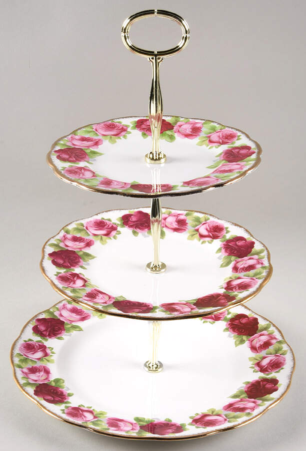 Old English Rose (Brushed Gold Trim) 13 7/8"-14 1/4" 3-Tiered Serving Tray(DP,SP,BB) HC by Royal Albert-1