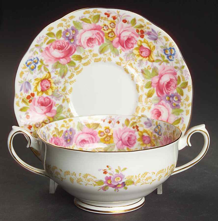Serena (Thin Gold Trim) Footed Cream Soup Bowl & Saucer Set by Royal Albert-1