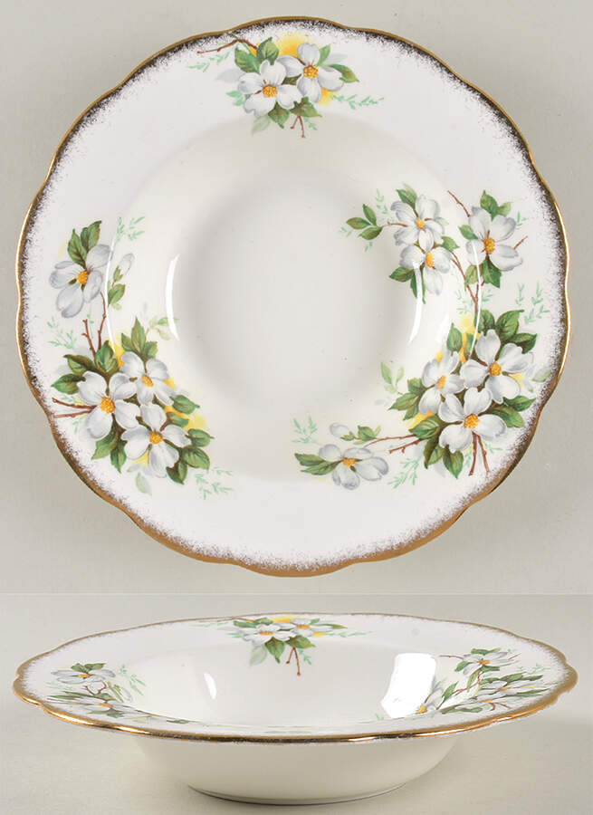 White Dogwood (Brushed Gold Grim Rim Soup Bowl by Royal Albert-1