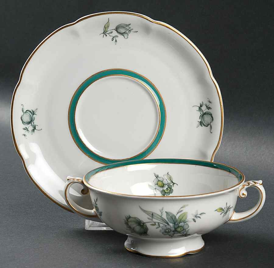 Teal Tulip Footed Cream Soup Bowl & Saucer Set by Royal Bayreuth-1