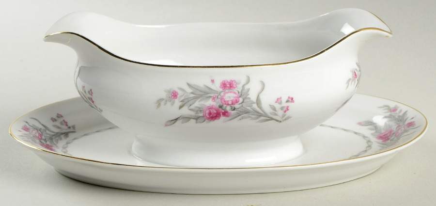 Saratoga (Red & Gray Flowers) Gravy Boat with Attached Underplate by Royal Embassy-1
