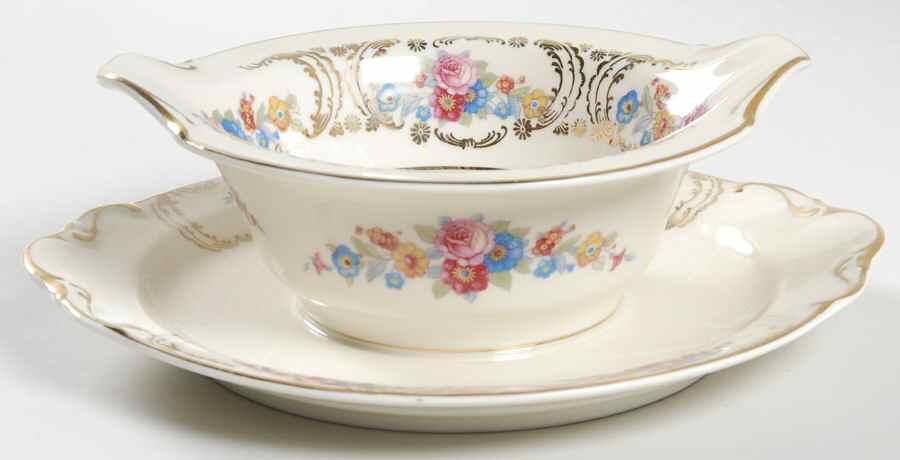 Queens Rose (Smooth, Gold Scrolls) Gravy Boat with Attached Underplate by Royal Ivory (Czech, Germany)-1