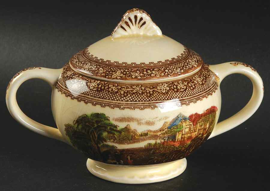 Jenny Lind Brown Multicolor (Leaf Border) Sugar Bowl & Lid by Royal Staffordshire-1