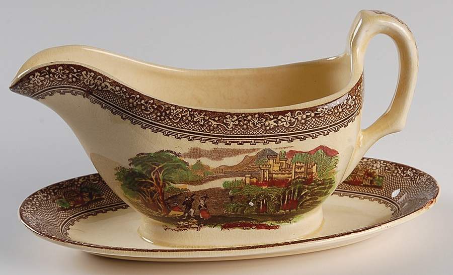 Jenny Lind Brown Multicolor (Leaf Border) Gravy Boat with Attached Underplate by Royal Staffordshire-1