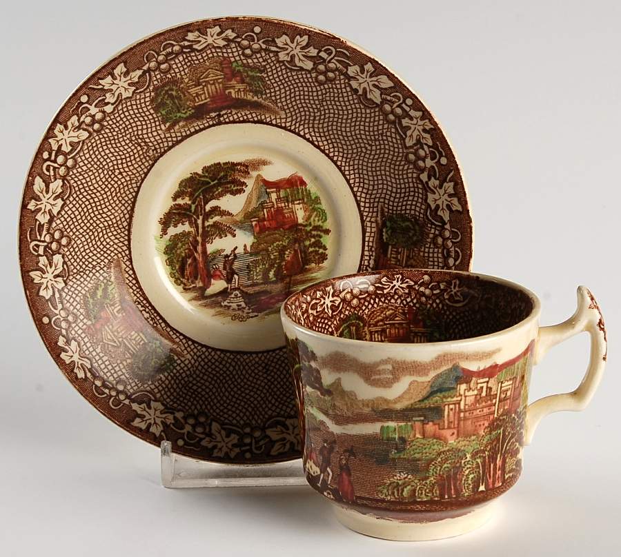 Jenny Lind Brown Multicolor (Leaf Border) Flat Demitasse Cup & Saucer Set by Royal Staffordshire-1