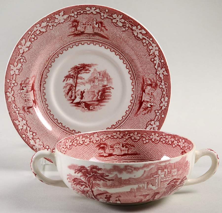 Jenny Lind Pink (Off White Background) Flat Cream Soup Bowl & Saucer Set by Royal Staffordshire-1