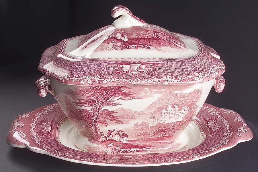 Jenny Lind Pink (Off White Background) Tureen & Lid w/Underplate by Royal Staffordshire-1