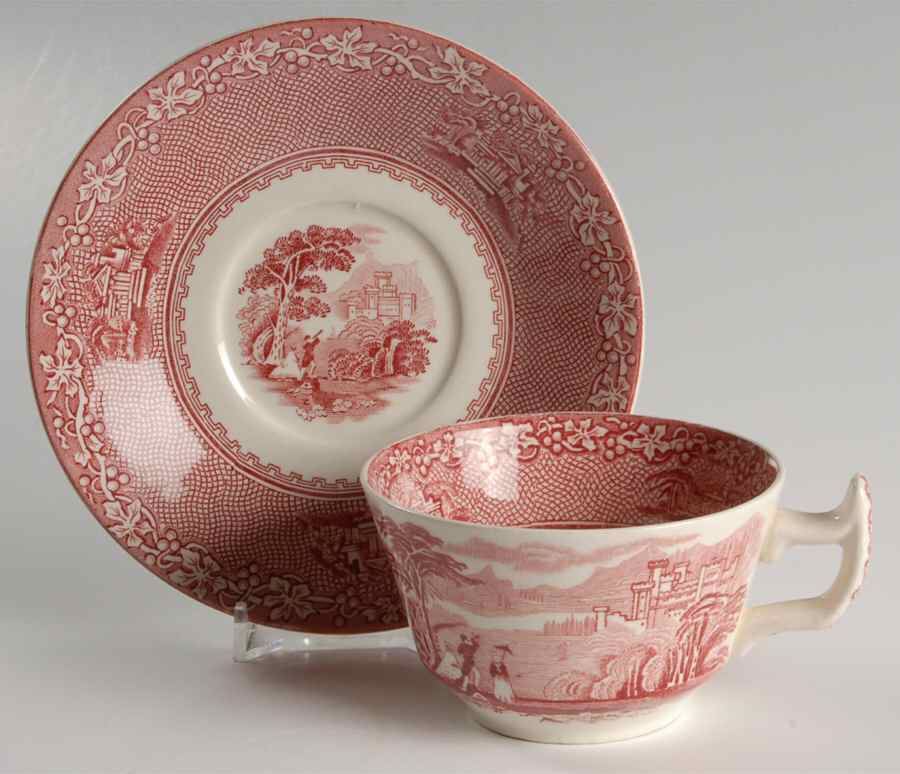 Jenny Lind Pink (Off White Background) Flat Cup & Saucer Set by Royal Staffordshire-1