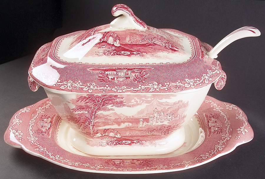 Jenny Lind Pink (Off White Background) Tureen & Lid w/Ladle & Underplate by Royal Staffordshire-1