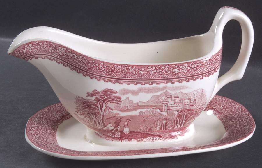 Jenny Lind Pink (Off White Background) Gravy Boat with Attached Underplate by Royal Staffordshire-1