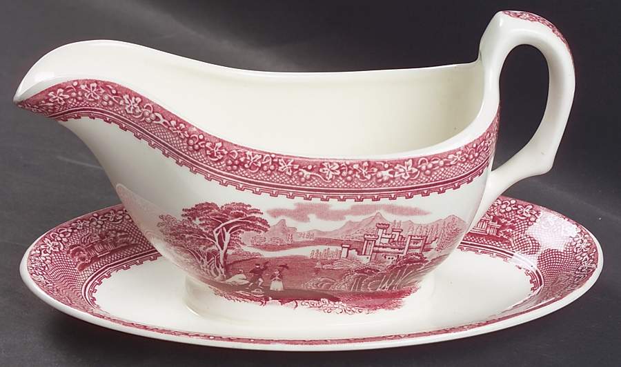 Jenny Lind Pink (Off White Background) Gravy Boat with Attached Underplate by Royal Staffordshire-1
