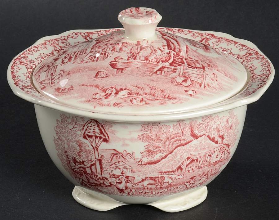 Rural Scenes Red (Round) Sugar Bowl & Lid by Royal Staffordshire-1