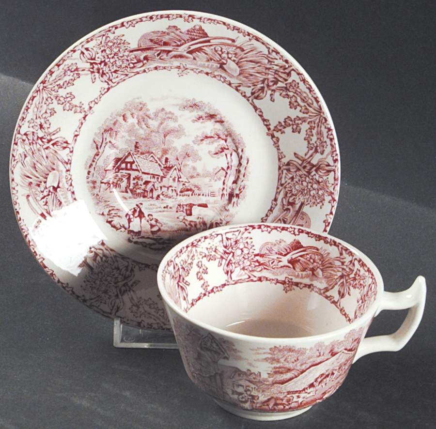 Rural Scenes Red (Round) Flat Cup & Saucer Set by Royal Staffordshire-1