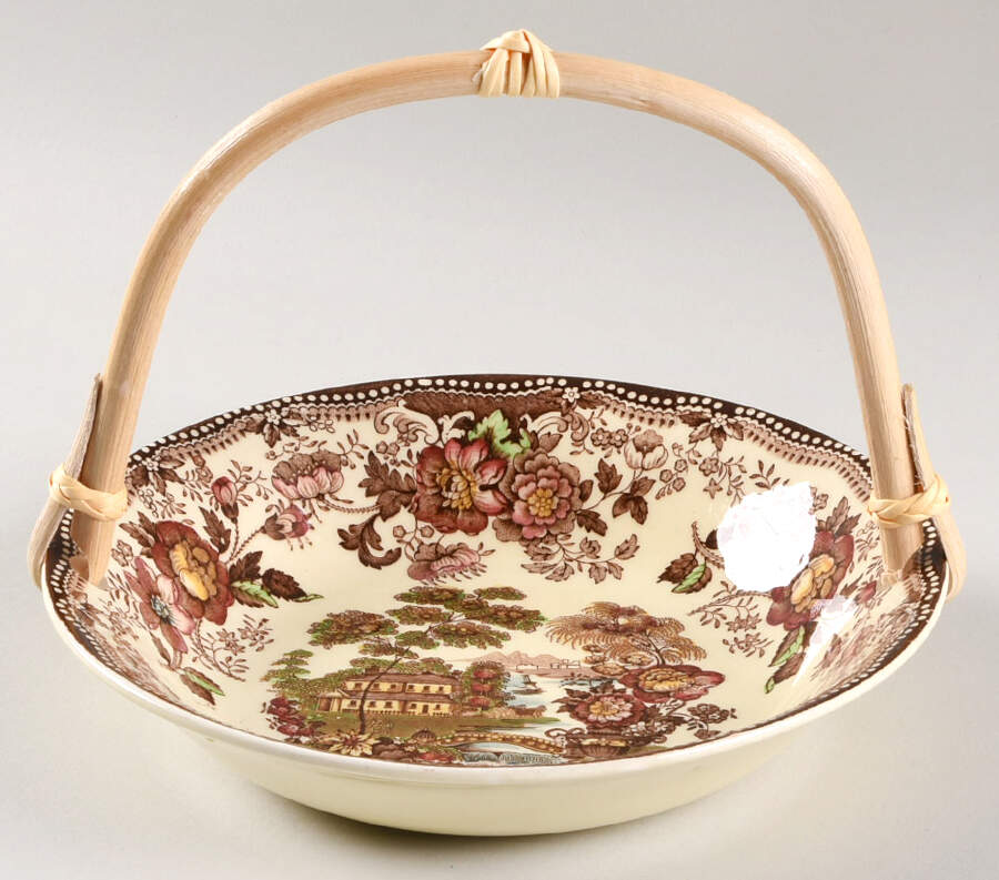 Tonquin Brown Multicolor (Cream) 7''-7 1/4'' Basket W/Bamboo Handle HC by Royal Staffordshire-1