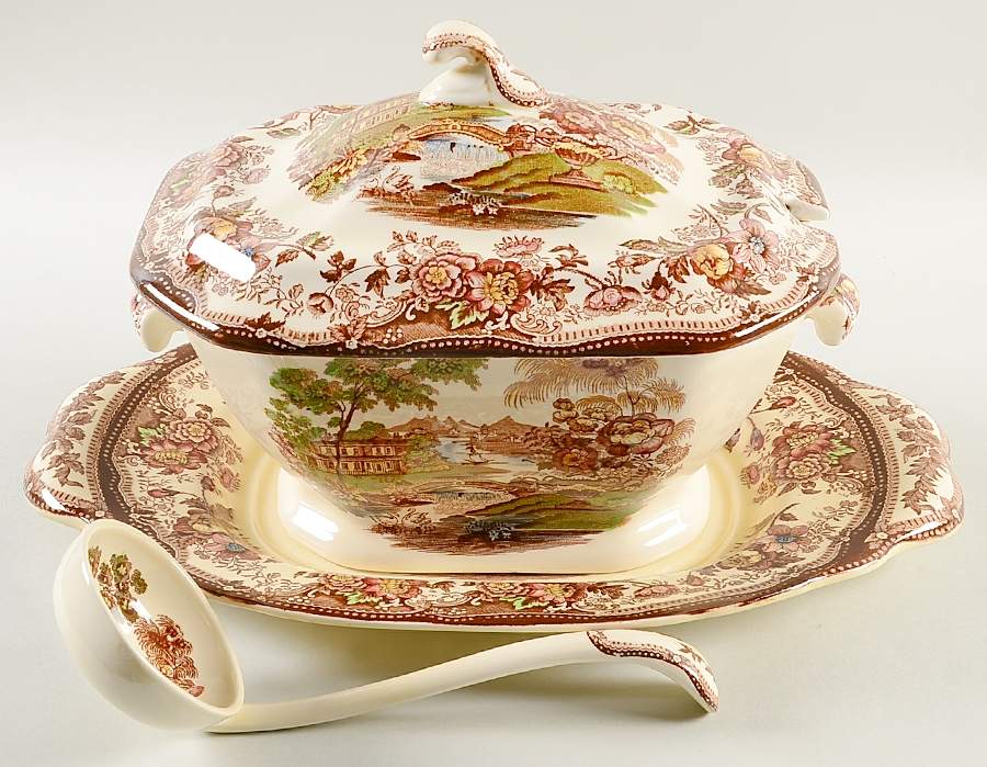 Tonquin Brown Multicolor (Cream) Tureen & Lid w/Ladle & Underplate by Royal Staffordshire-1