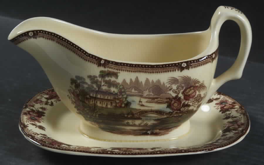 Tonquin Brown Multicolor (Cream) Gravy Boat with Attached Underplate by Royal Staffordshire-1