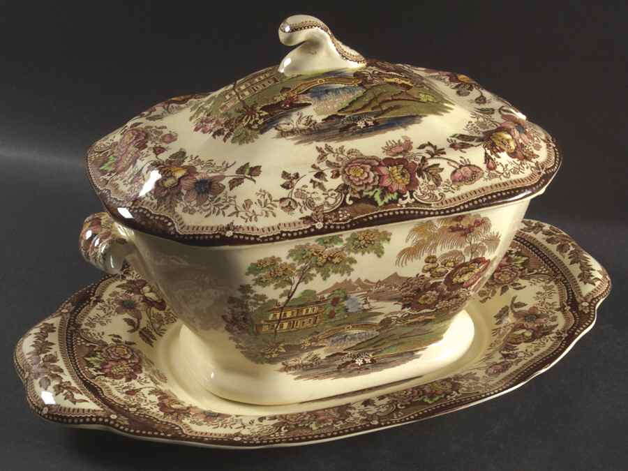Tonquin Brown Multicolor (Cream) Tureen & Lid w/Underplate by Royal Staffordshire-1