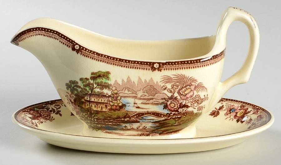 Tonquin Brown Multicolor (Cream) Gravy Boat with Attached Underplate by Royal Staffordshire-1
