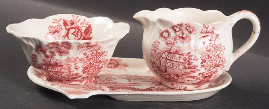 Tonquin Red Pink Mini Creamer & Open Sugar with Tray by Royal Staffordshire-1