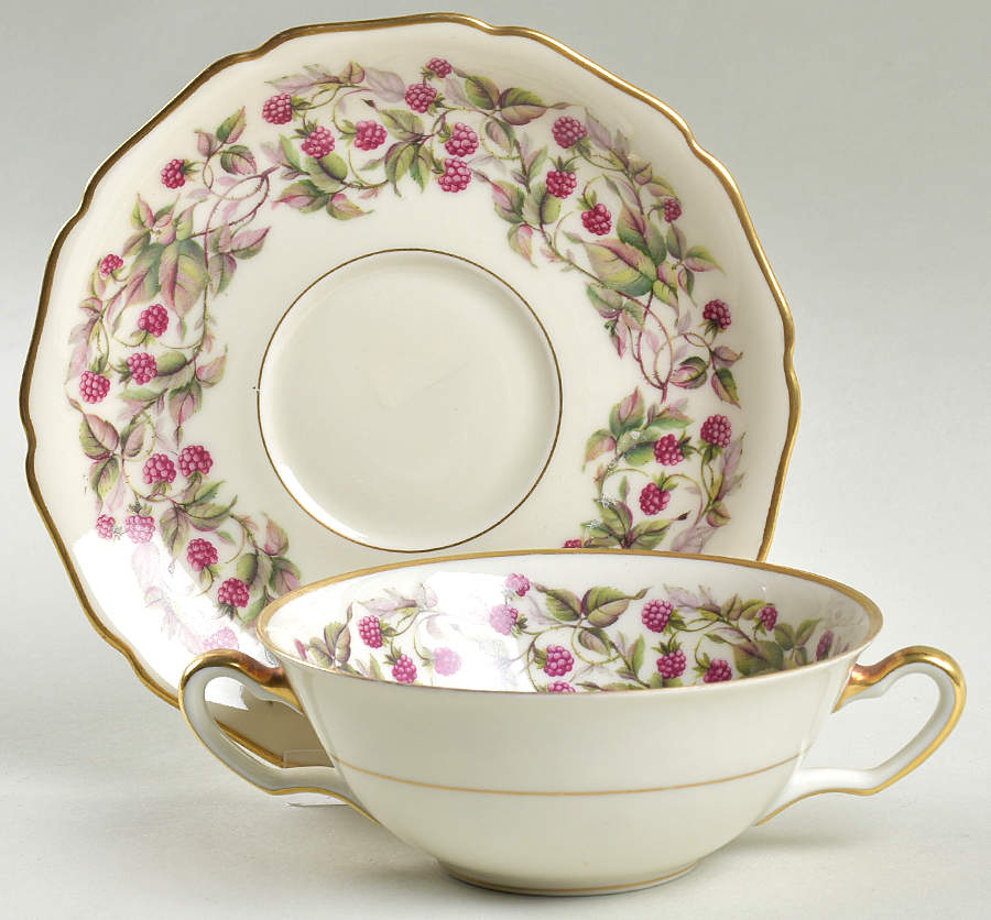 Red Raspberry Flat Cream Soup Bowl & Saucer Set by Royal York (Germany)-1
