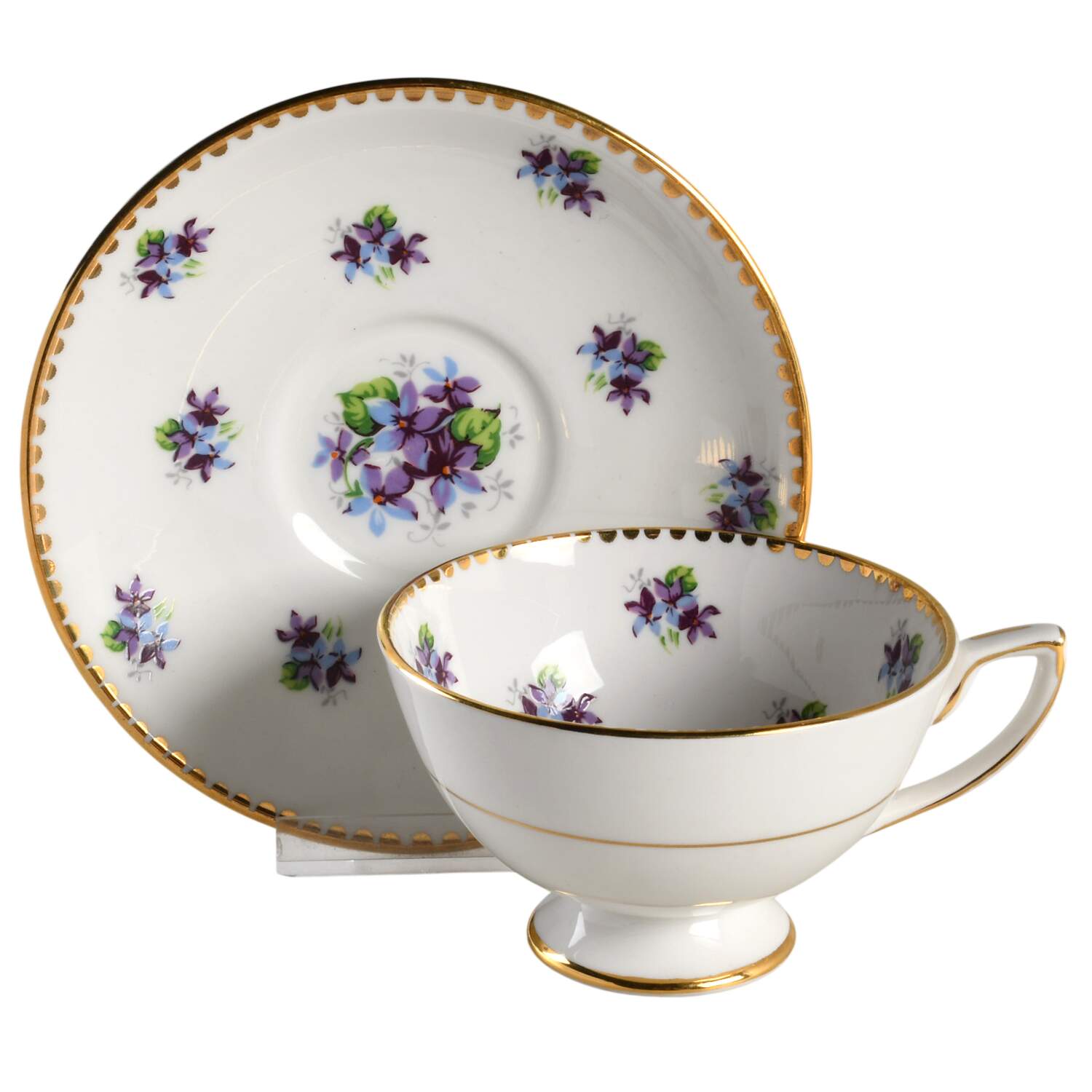 Sweet Violets (Not Embossed, Gold Drops Edge) Footed Cup & Saucer Set by Royal Stafford-1