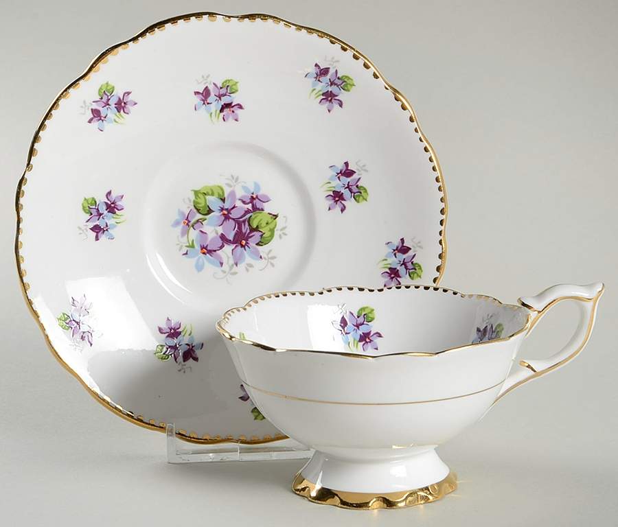 Sweet Violets (Not Embossed, Gold Drops Edge) Footed Cup & Saucer Set by Royal Stafford-1