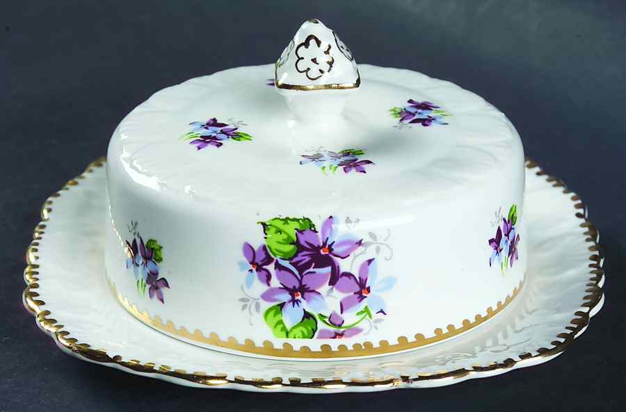Sweet Violets (Not Embossed, Gold Drops Edge) Round Covered Butter by Royal Stafford-1