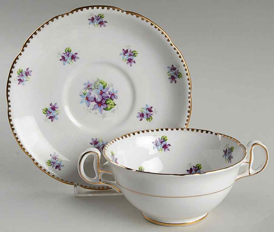 Sweet Violets (Not Embossed, Gold Drops Edge) Footed Cream Soup Bowl & Saucer Set by Royal Stafford-1