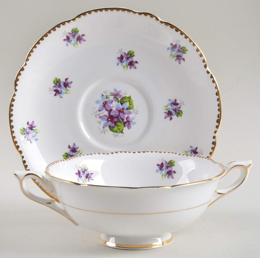 Sweet Violets (Not Embossed, Gold Drops Edge) Footed Cream Soup Bowl & Saucer Set by Royal Stafford-1