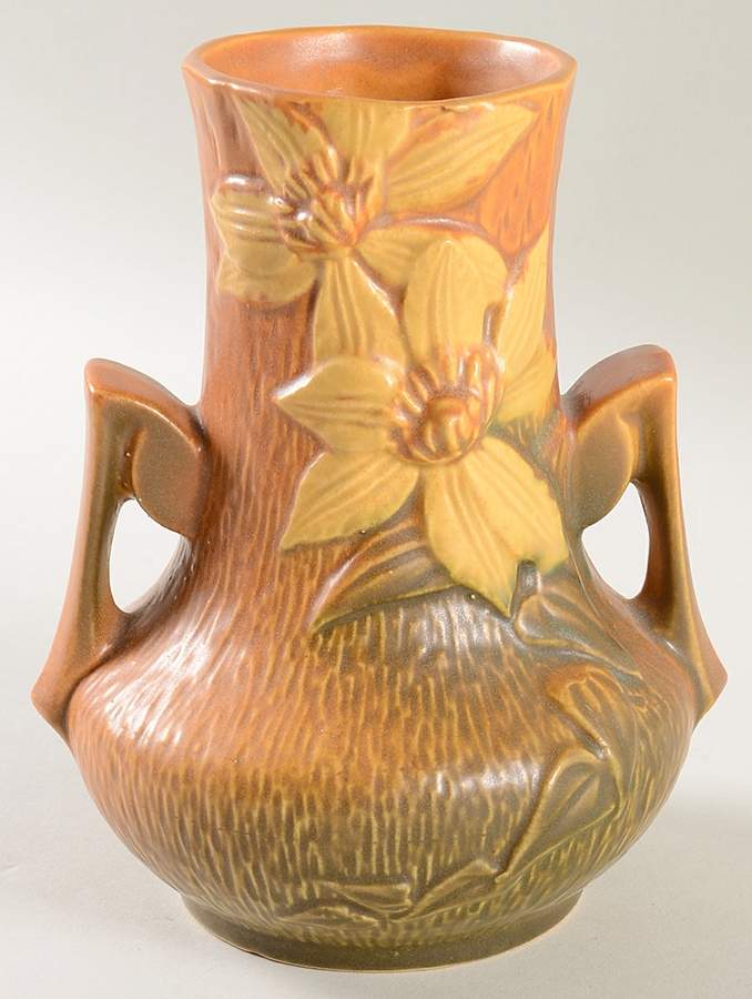 Clematis Autumn Brown 7" Handled Vase by Roseville-1