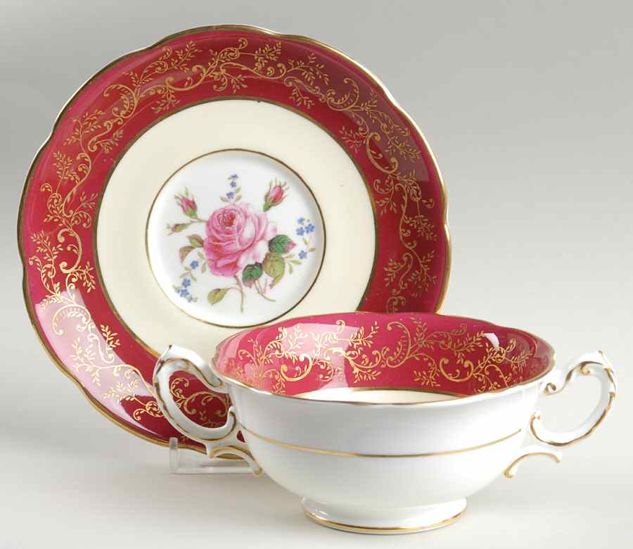 Swansea Rose (Magenta) Footed Cream Soup Bowl & Saucer Set by Royal Swansea-1