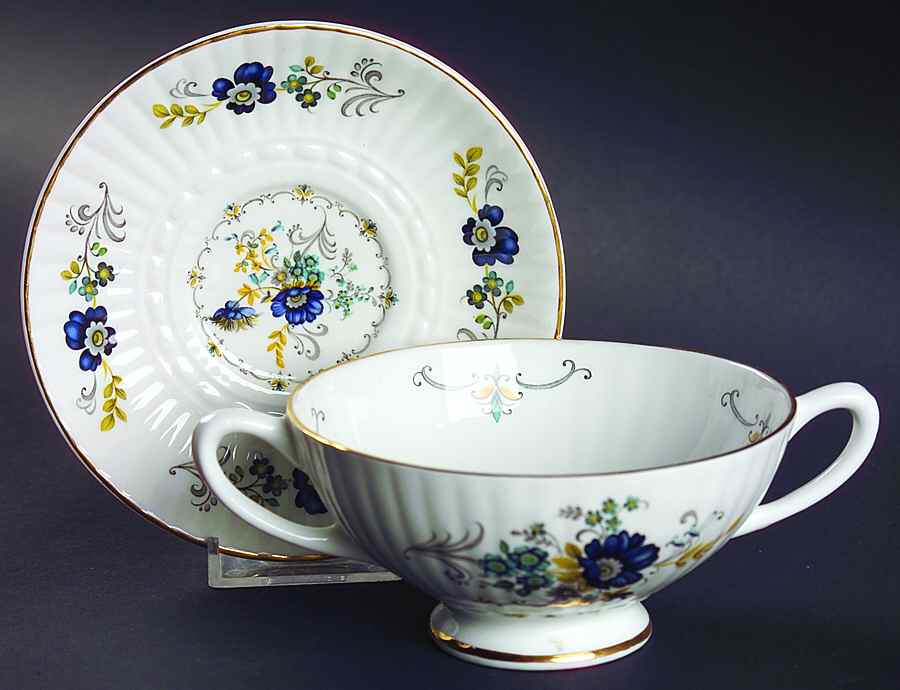 Blue Corn Flower Footed Cream Soup Bowl & Saucer Set by Royal Tara-1