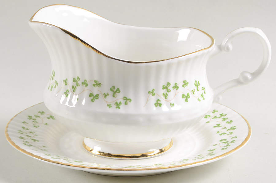 Trellis Shamrock (Ribbed, Fluted) Gravy Boat & Plate (Soup Saucer) by Royal Tara-1