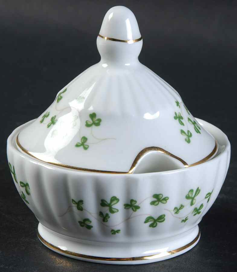 Trellis Shamrock (Ribbed, Fluted) Mini Sugar Bowl & Lid by Royal Tara-1