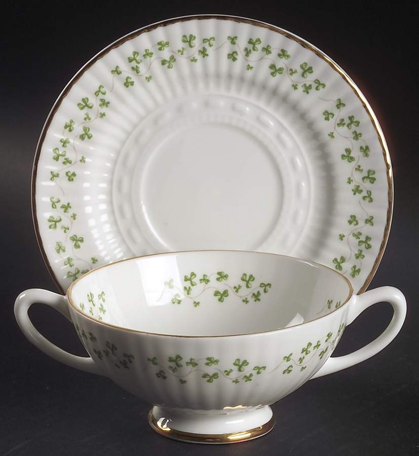 Trellis Shamrock (Ribbed, Fluted) Footed Cream Soup Bowl & Saucer Set by Royal Tara-1