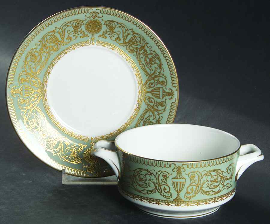 Balmoral Green Flat Cream Soup Bowl & Saucer Set by Royal Worcester-1