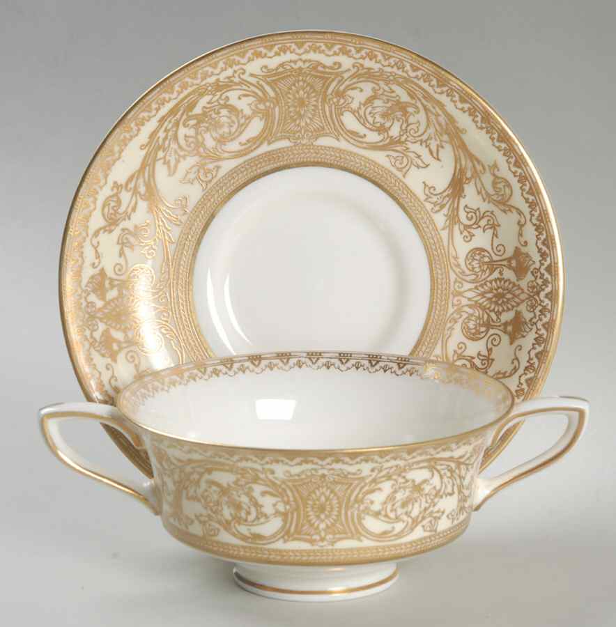 Embassy Cream Rim and Gold Footed Cream Soup Bowl & Saucer Set by Royal Worcester-1