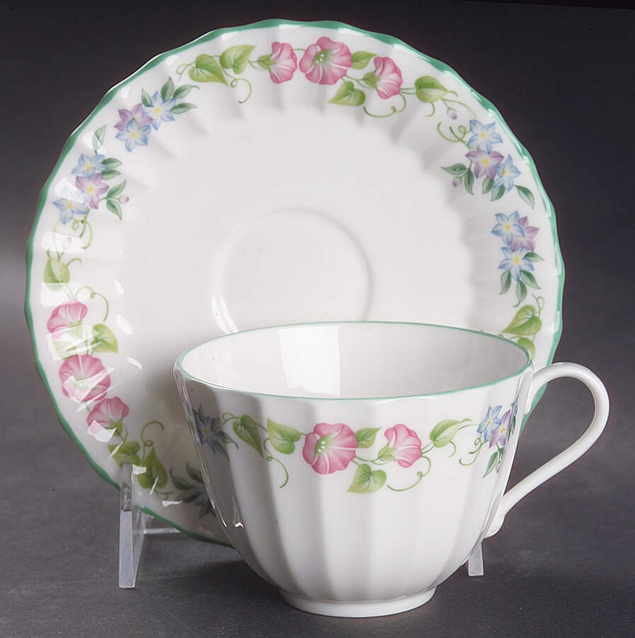 English Garden (Green Trim) Flat Cup & Saucer Set by Royal Worcester-1