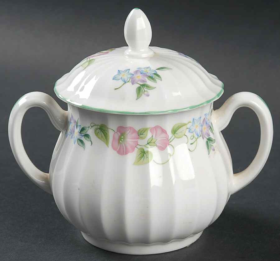 English Garden (Green Trim) Sugar Bowl & Lid by Royal Worcester-1