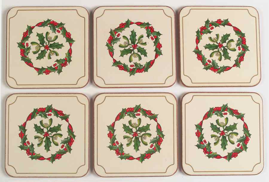 Holly Ribbons Plastic and Cork Coaster Set - 6 Piece by Royal Worcester-1
