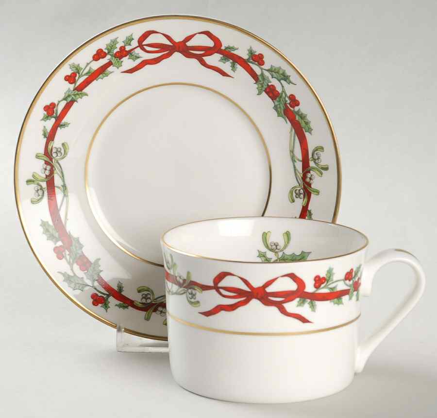 Holly Ribbons Flat Cup & Saucer Set by Royal Worcester-1