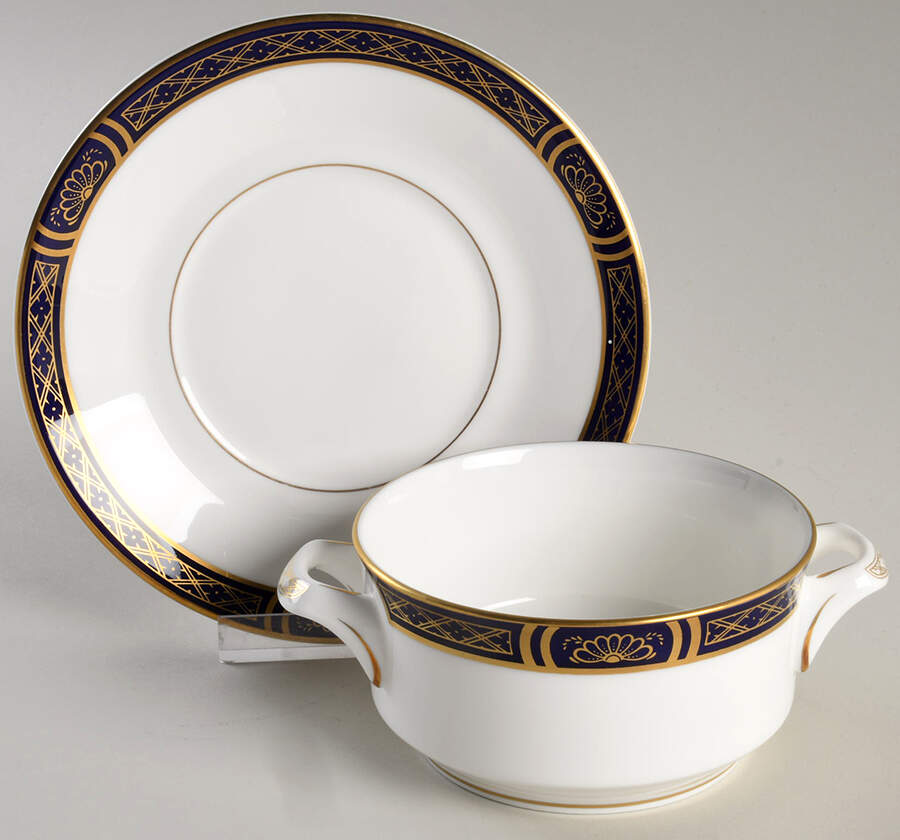 Mountbatten Cobalt Blue (Gold Trim) Flat Cream Soup Bowl & Saucer Set by Royal Worcester-1