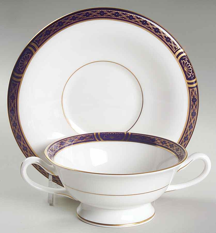 Mountbatten Cobalt Blue (Gold Trim) Footed Cream Soup Bowl & Saucer Set by Royal Worcester-1
