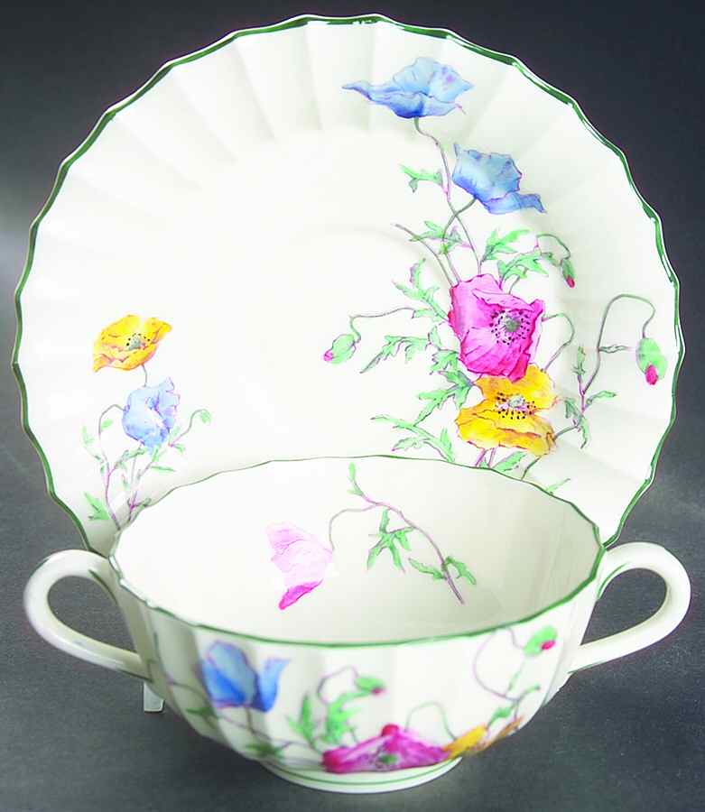 Poppy (Flute) Footed Cream Soup Bowl & Saucer Set by Royal Worcester-1