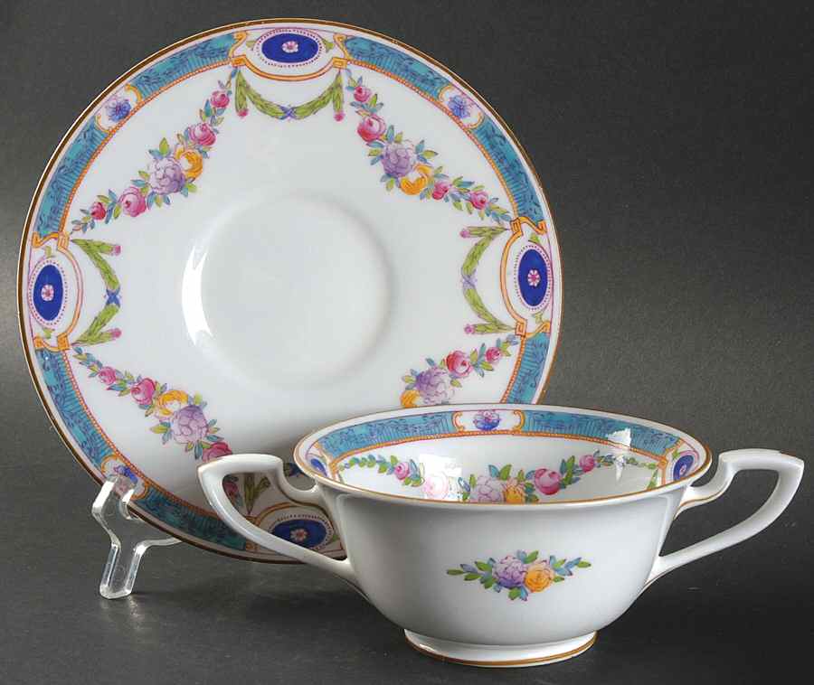 Puritan Footed Cream Soup Bowl & Saucer Set by Royal Worcester-1