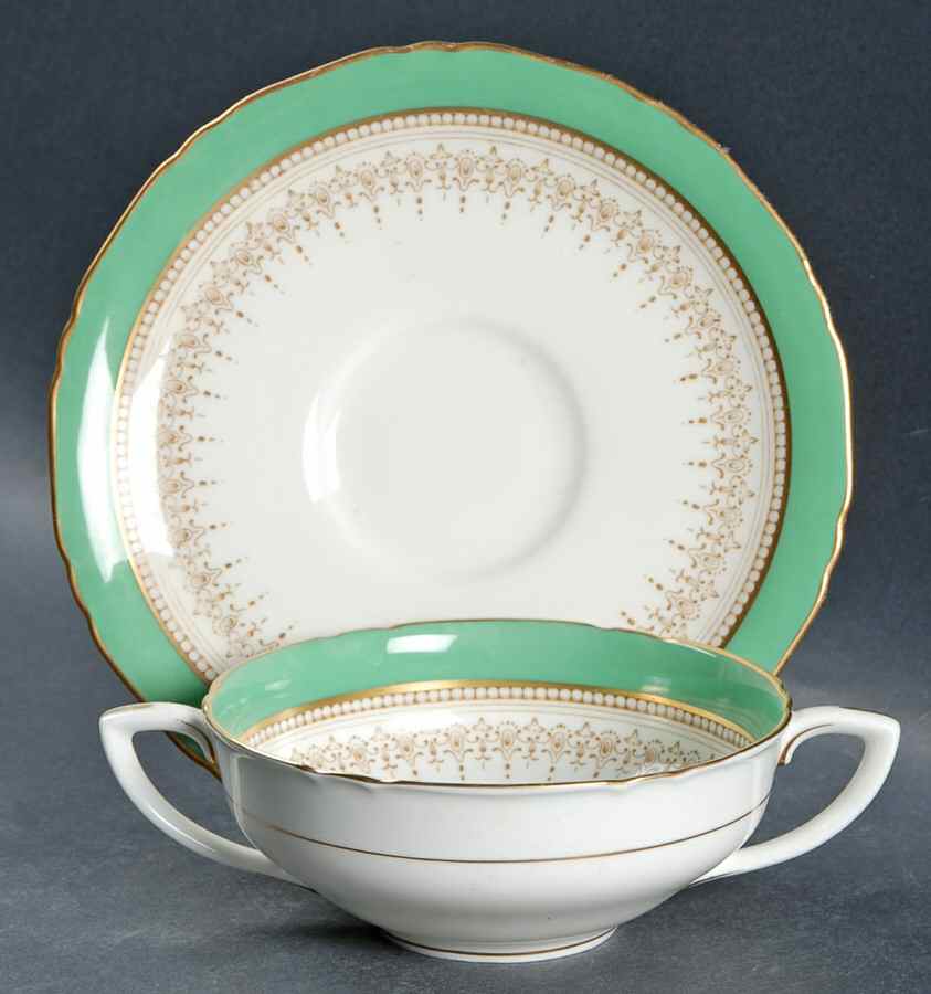 Regency Green and Brown (Older) Flat Cream Soup Bowl & Saucer Set by Royal Worcester-1