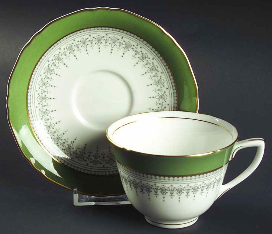 Regency Green and Gray (Newer) Flat Cup & Saucer Set by Royal Worcester-1